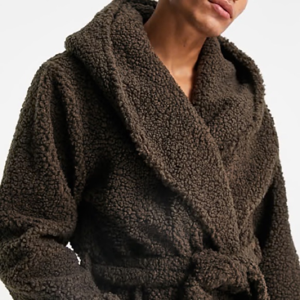 ASOS Borg Hooded Robe Tawny - Picture 2 of 7